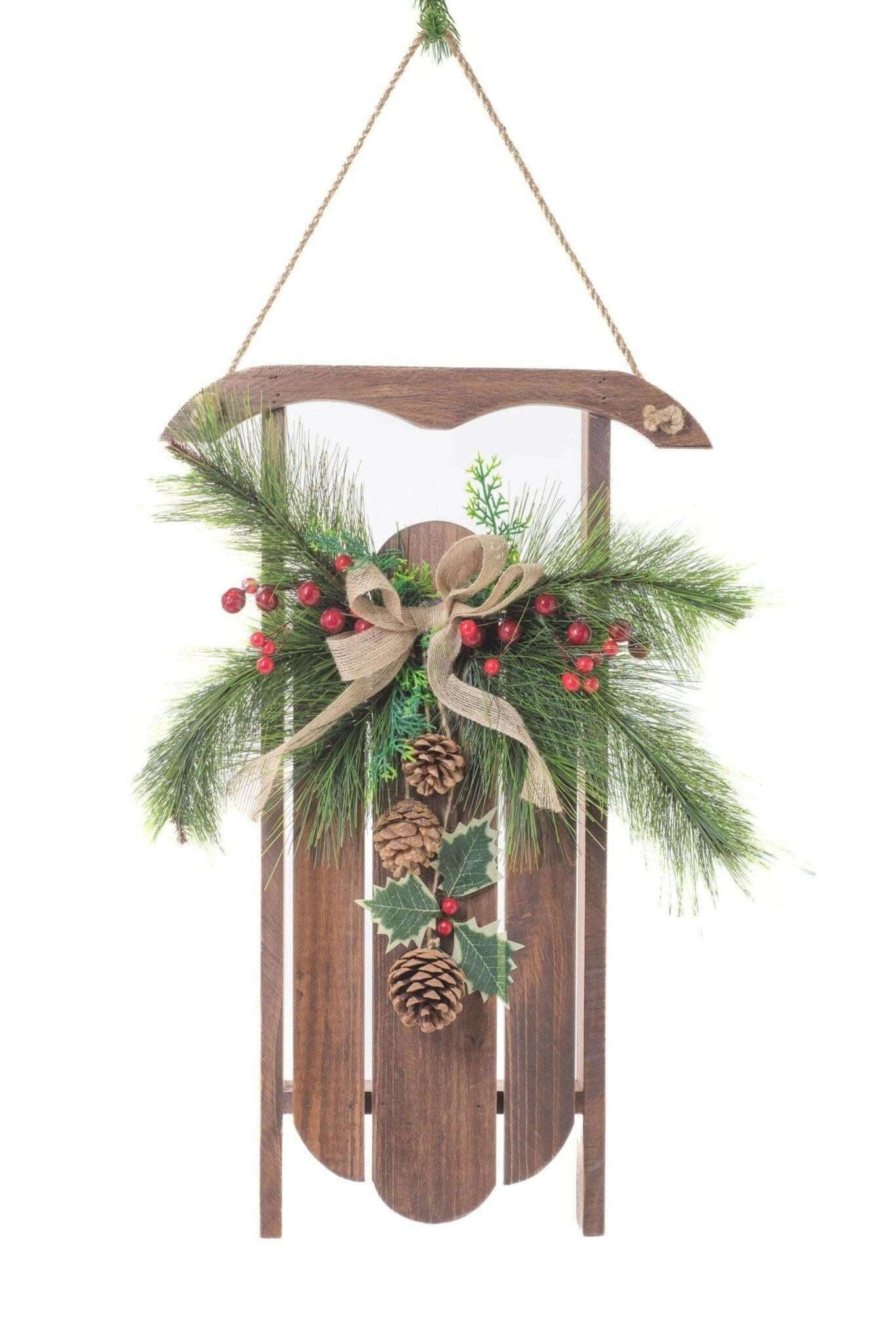 BROWN/GREEN WOOD HANGING SLED SLED WITH SPRAY | Treasures of my HeART