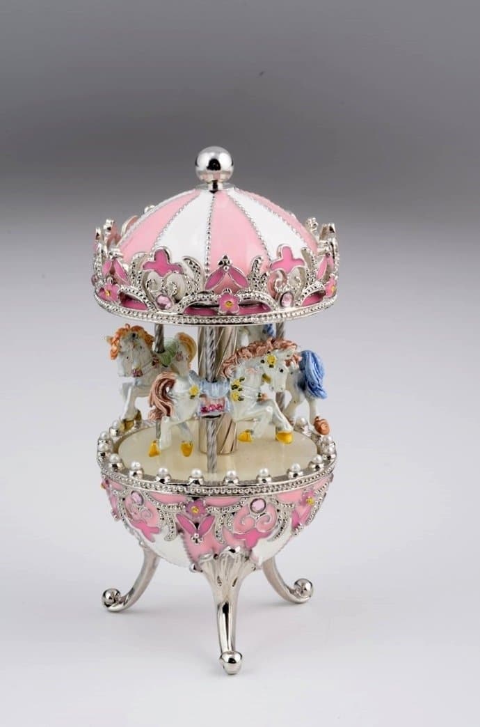 Pink Faberge Egg with Wind up Horse Carousel-1