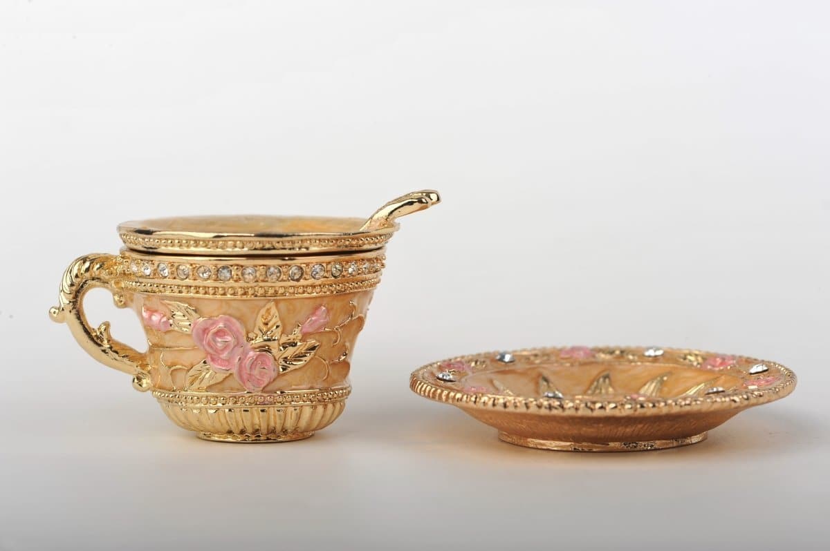 Golden Tea Cup with Pink Roses - Treasures of my HeART