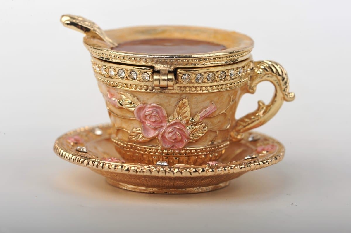 Golden Tea Cup with Pink Roses - Treasures of my HeART