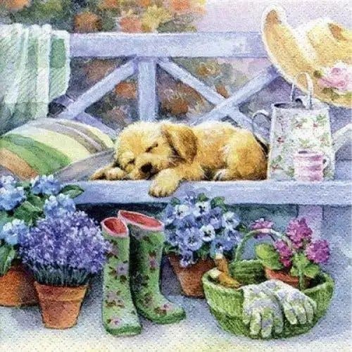 Luncheon Napkins Flowers & Sleeping Puppy - Treasures of my HeART