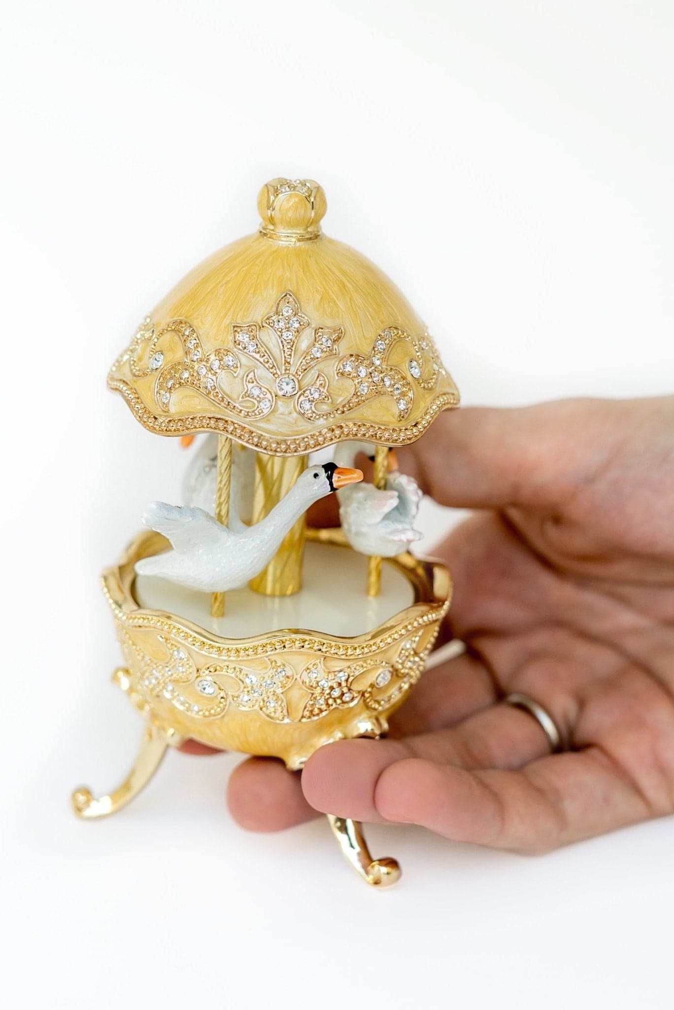 Yellow Carousel Egg with White Swans - Treasures of my HeART